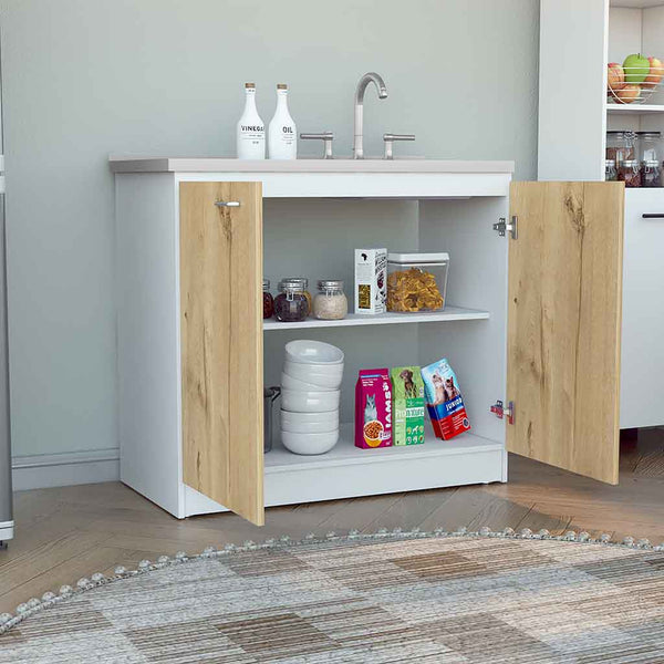 English Elm Napoles Utility Sink Cabinet With Storage Shelf - Stylish White & Light Oak Finish For Versatile Use B070S00146