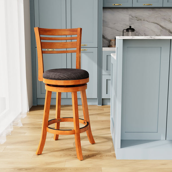 English Elm 30" 4-Slat Back Swivel Bar Stool with Padded Charcoal Fabric Seat, Solid Hardwood Frame, Durable Footrest Natural B04660695