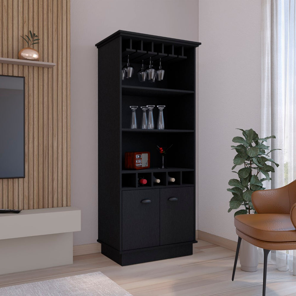 English Elm Dundee 70 Inch Glass Panel Bar Cabinet with Open Cubbies and Enclosed Storage Shelving B200S00386