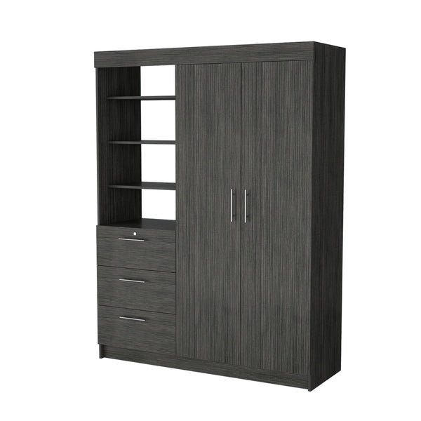 English Elm Smokey Oak Armoire with 2 Doors, 2 Hanging Rods, 3 Drawers & Shelves — Spacious 79" H Storage Solution B062S00552