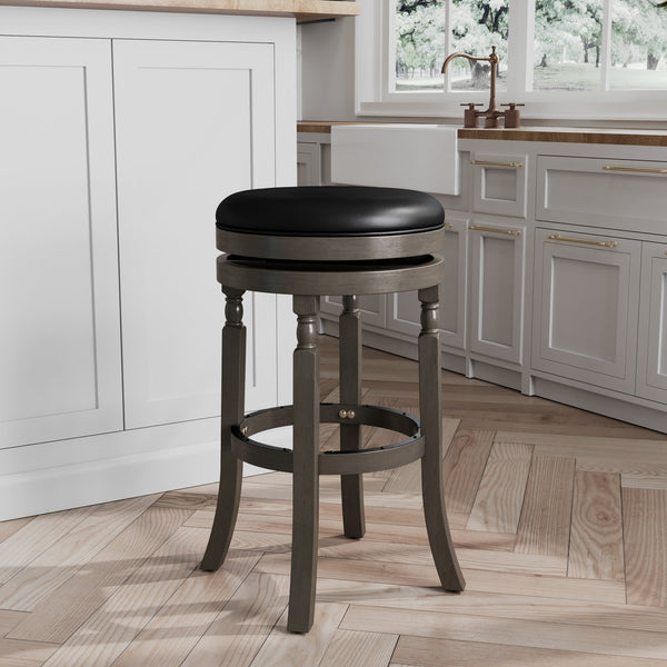 English Elm 30" Bar Stool - Weathered Gray Frame, Plush Black Leather Seat, Perfect For Kitchen & Home Bars B04660735