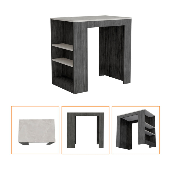 English Elm Smokey Oak Ibiza Marble Counter Height Kitchen Island Table with 3 Shelves, Dining Prep Storage Surface B062P175173