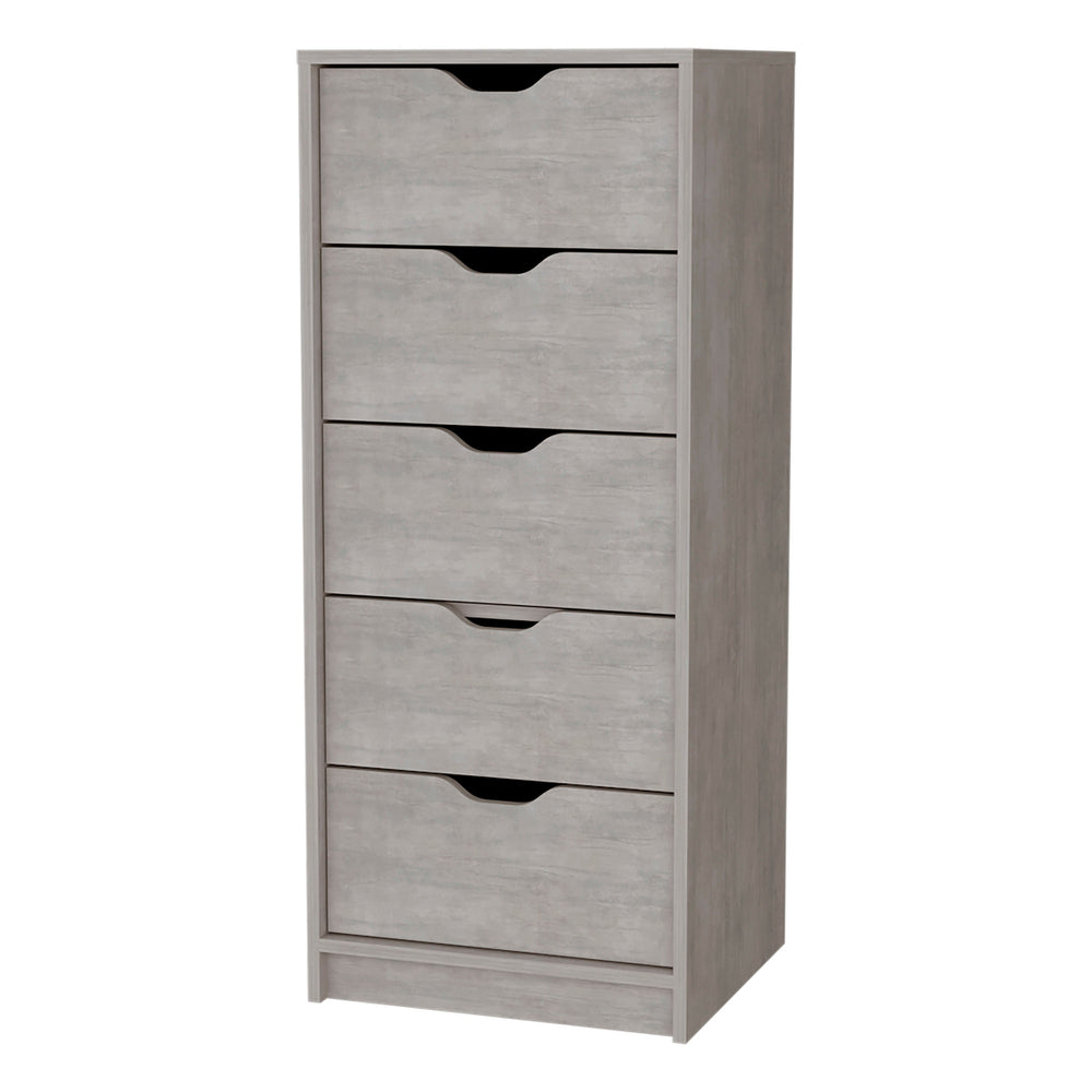 English Elm Concrete Gray 5-Drawer Narrow Dresser – Sleek Concrete Gray Finish, Oversized Storage, Durable Design B062P175163
