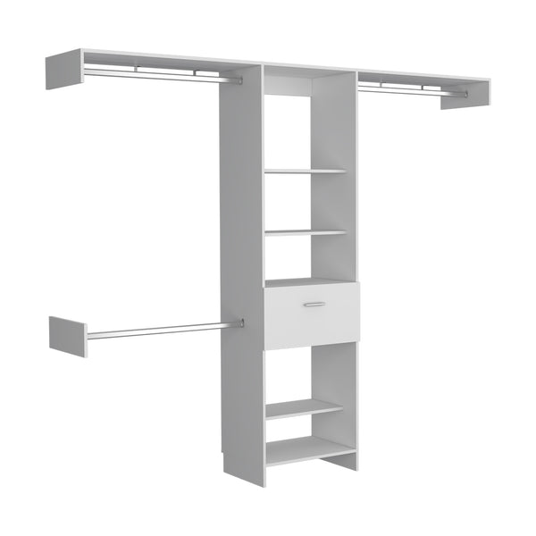 English Elm Manchester chic closet organizer with five open shelves, drawer and three metal rods for versatile storage and display White 82.7 L x 20.9 W x 3.9 H B200S00137