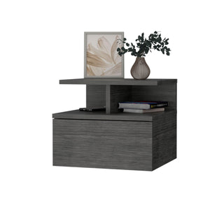 English Elm Smokey Floating Nightstand with Drawer & 2-Tier Shelf — Wall-Mountable, Compact Smokey Oak Storage Charm B062P175170