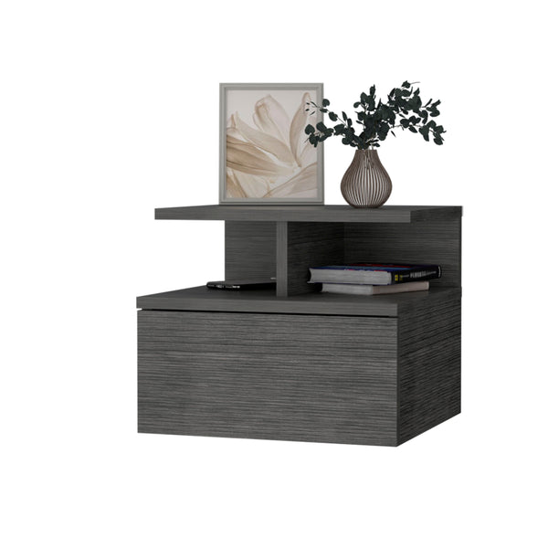 English Elm Smokey Floating Nightstand with Drawer & 2-Tier Shelf — Wall-Mountable, Compact Smokey Oak Storage Charm B062P175170
