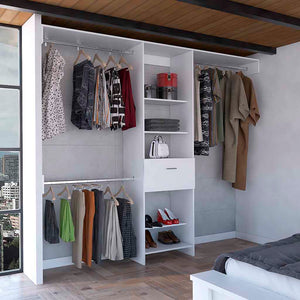 English Elm Manchester versatile closet organizer system with five open shelves, drawer and three metal rods for streamlined storage and durable particleboard design White 82.7 L x 20.9 W x 3.9 H B070S00137