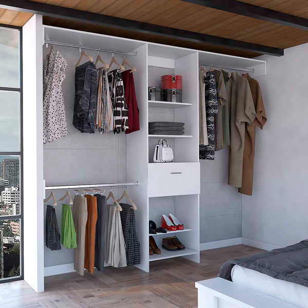 English Elm Manchester versatile closet organizer system with five open shelves, drawer and three metal rods for streamlined storage and durable particleboard design White 82.7 L x 20.9 W x 3.9 H B070S00137