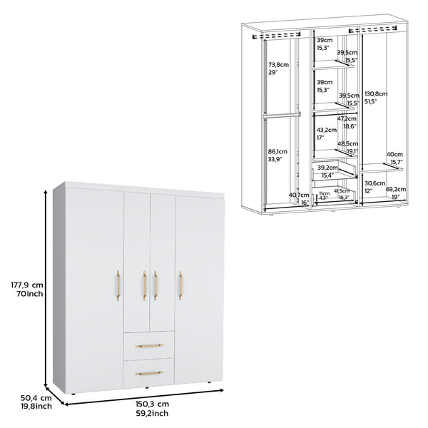 English Elm Wardrobe with mirror door, 3-door storage cabinet with drawers, shelves and hanging rail for organized living White 71.2 L x 24.4 W x 4.7 H B097S00075