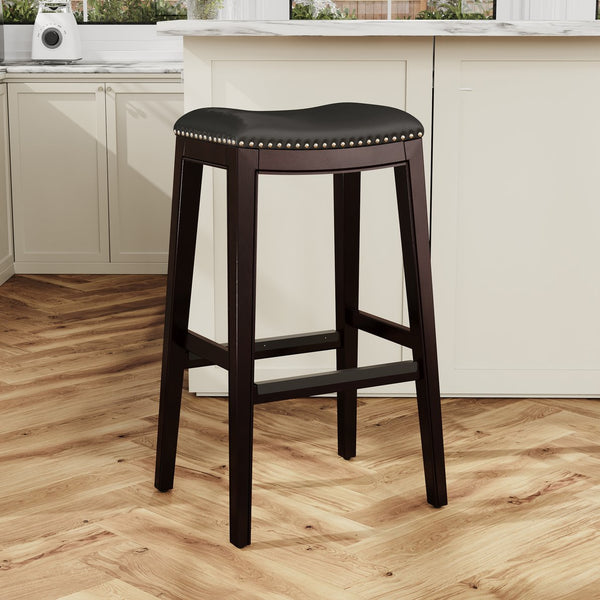 English Elm 30" Bar Stool Cherry Saddle, Bone Bonded Leather Seat with Nailhead Trim, Solid Hardwood Frame, Durable Footplates B04660608
