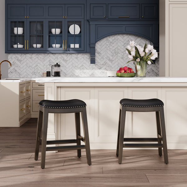 English Elm 24" Counter Height Saddle Stool Weathered Gray with Black Bonded Leather Seat & Nailhead Trim Durable Hardwood Frame B046109806