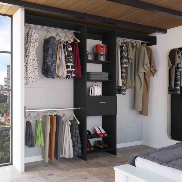 English Elm Manchester chic closet organizer with five open shelves, drawer and three metal rods for versatile storage and display Black 82.7 L x 20.9 W x 3.9 H B200S00135