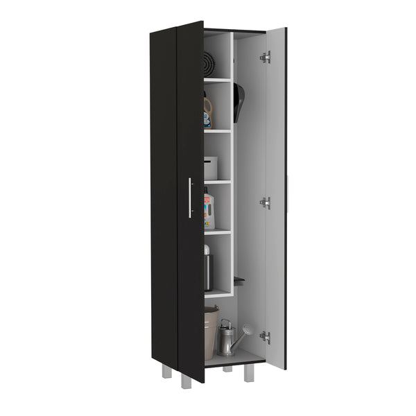 English Elm Nala Tall Cleaning Cabinet With Double Doors, 5 Shelves, Ideal For Narrow Spaces - Black/White Finish B070S00140