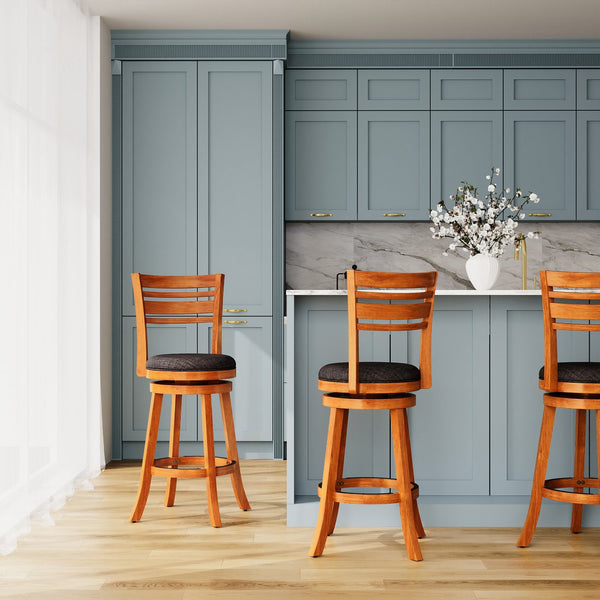 English Elm 30" 4-Slat Back Swivel Bar Stool with Padded Charcoal Fabric Seat, Solid Hardwood Frame, Durable Footrest Natural B04660695