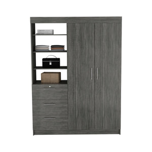 English Elm 3-Tier Modern Armoire with Drawers & Shelves, Smokey Oak Finish, Metal Handles, Durable MDP Storage B097S00074