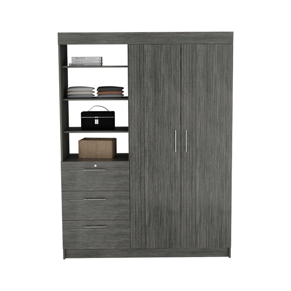 English Elm Kenya Smokey Oak 3-Drawer Armoire with Double Doors, 3-Tier Shelves, Hangers & Metal Handles B200S00377