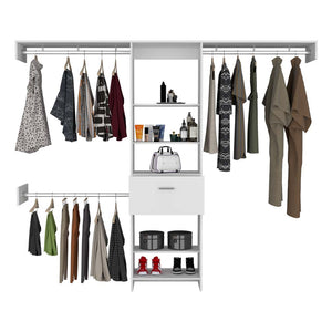 English Elm Manchester versatile closet organizer system with five open shelves, drawer and three metal rods for streamlined storage and durable particleboard design White 82.7 L x 20.9 W x 3.9 H B070S00137