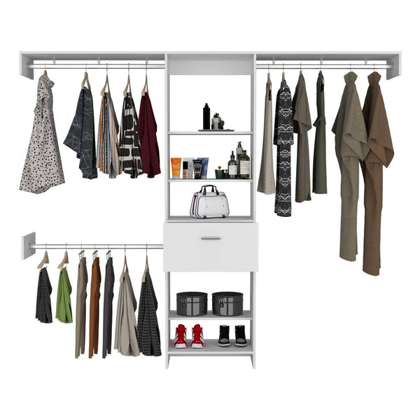English Elm Manchester versatile closet organizer system with five open shelves, drawer and three metal rods for streamlined storage and durable particleboard design White 82.7 L x 20.9 W x 3.9 H B070S00137