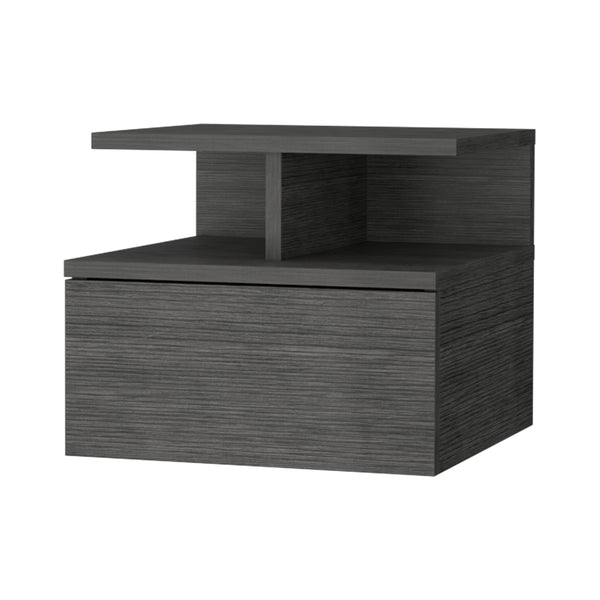 English Elm Smokey Floating Nightstand with Drawer & 2-Tier Shelf — Wall-Mountable, Compact Smokey Oak Storage Charm B062P175170