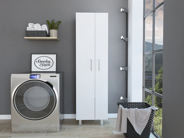 English Elm Nala Tall Cleaning Cabinet with Double Doors and Five Shelves, 71.3" Organizer for Mops & Supplies White 72 L x 19.3 W x 4.3 H B200S00142