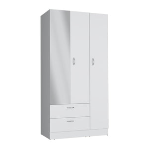 English Elm Riverside Mirrored Armoire with Three Doors, Two Drawers, Four Shelves and Dual Hanging Rods - Stylish Storage for Bedroom Organization White 71 L x 16.9 W x 3.9 H B200S00281