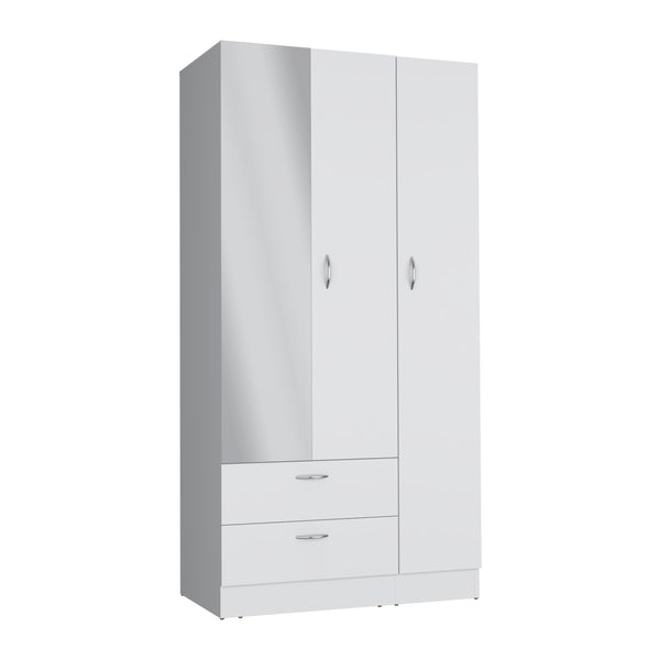 English Elm Wardrobe with mirror door, 3-door storage cabinet with drawers, shelves and hanging rail for organized living White 74 L x 23 W x 3 H B097S00070