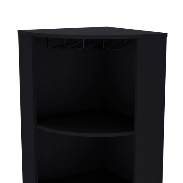 English Elm 71" Corner Bar Cabinet with Eight Bottle Cubbies Five Shelves White Laminate Finish B097S00083