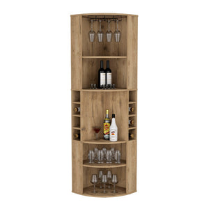 English Elm 71" Corner Bar Cabinet with Eight Bottle Cubbies Five Shelves White Laminate Finish B097S00082