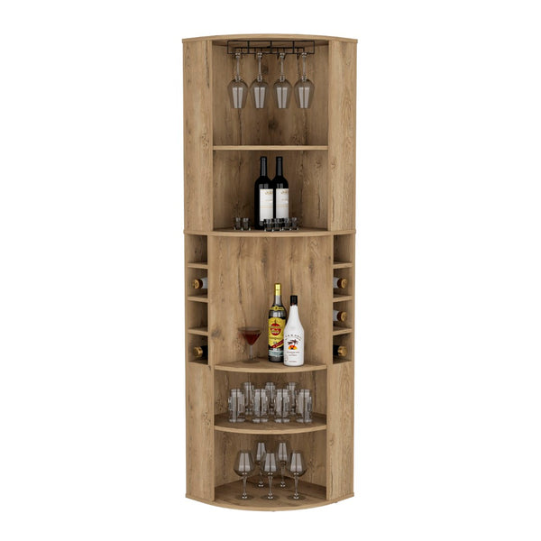 English Elm 71" Corner Bar Cabinet with Eight Bottle Cubbies Five Shelves White Laminate Finish B097S00082