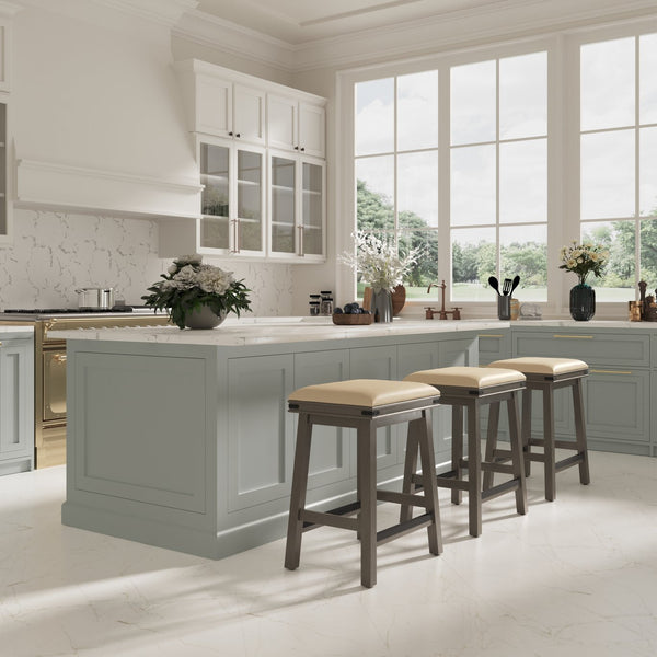 English Elm 24" Counter Stool Weathered Gray with French Gray Bonded Leather Seat, Hardwood Frame & Metal Accents B04660631