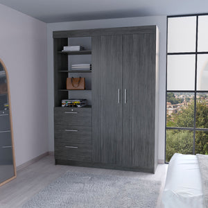 English Elm Smokey Oak Armoire with 2 Doors, 2 Hanging Rods, 3 Drawers & Shelves — Spacious 79" H Storage Solution B062S00552