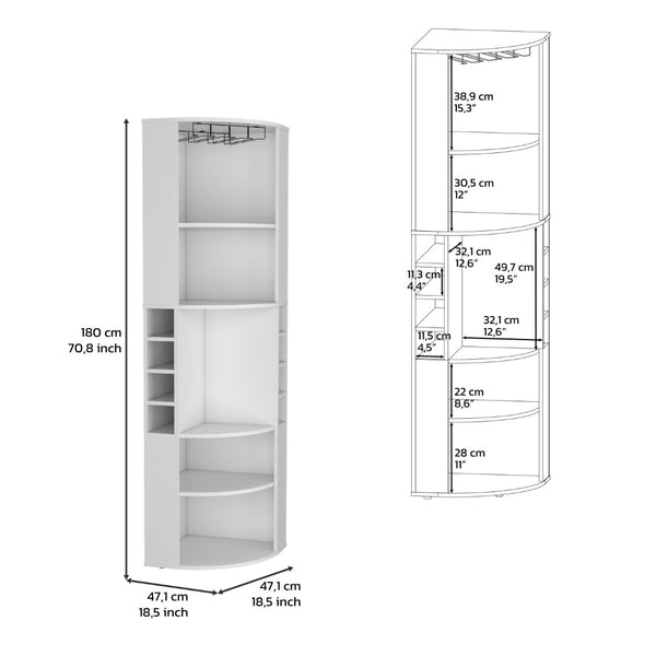 English Elm 71" Corner Bar Cabinet with Eight Bottle Cubbies Five Shelves White Laminate Finish B097S00081