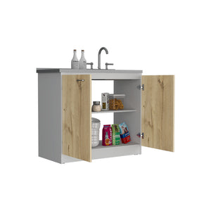 English Elm Napoles Utility Sink Cabinet With Storage Shelf - Stylish White & Light Oak Finish For Versatile Use B070S00146