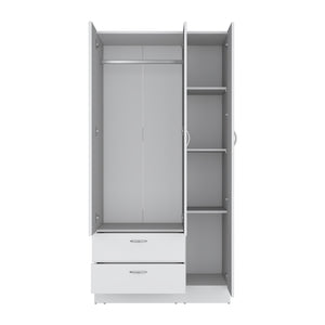 English Elm Wardrobe with mirror door, 3-door storage cabinet with drawers, shelves and hanging rail for organized living White 74 L x 23 W x 3 H B097S00070