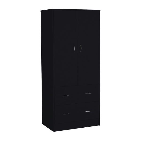 English Elm 71" Modern Black Armoire with 2 Doors, 2 Drawers & Hanging Rod — Durable MDP, Easy Assembly, Compact B097S00073