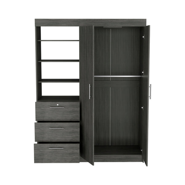 English Elm 3-Tier Modern Armoire with Drawers & Shelves, Smokey Oak Finish, Metal Handles, Durable MDP Storage B097S00074
