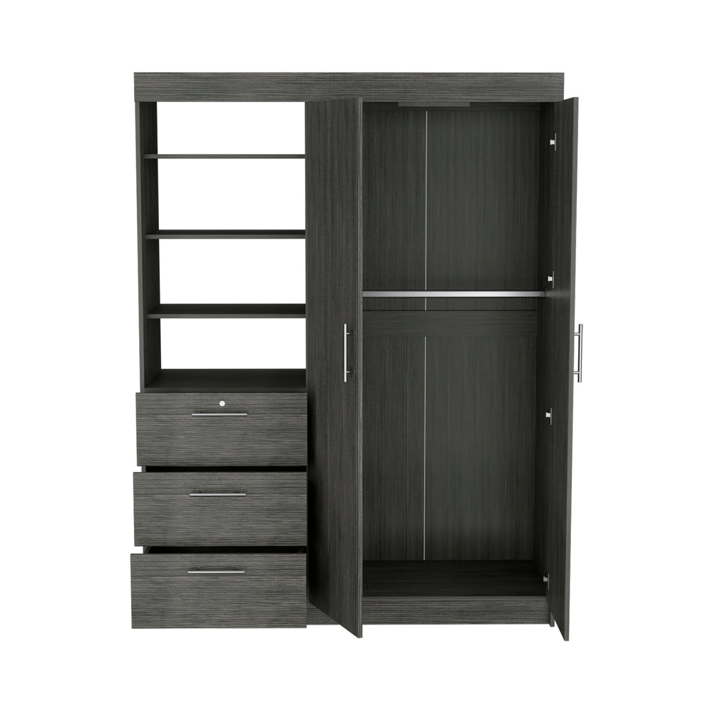 English Elm Kenya Smokey Oak 3-Drawer Armoire with Double Doors, 3-Tier Shelves, Hangers & Metal Handles B200S00377