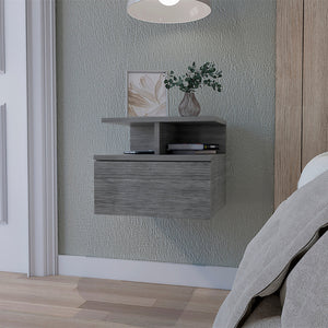 English Elm Smokey Floating Nightstand with Drawer & 2-Tier Shelf — Wall-Mountable, Compact Smokey Oak Storage Charm B062P175170