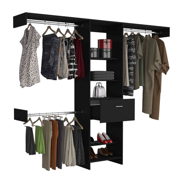 English Elm Manchester versatile closet organizer system with five open shelves, drawer and three metal rods for streamlined storage and durable particleboard design Black 82.7 L x 20.9 W x 3.9 H B070S00135