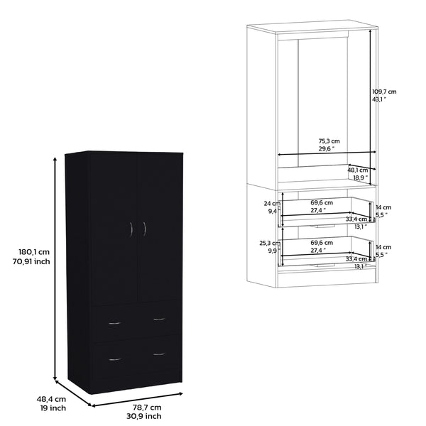 English Elm 71" Modern Black Armoire with 2 Doors, 2 Drawers & Hanging Rod — Durable MDP, Easy Assembly, Compact B097S00073