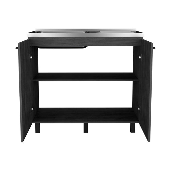 English Elm 2 Door Freestanding Base Cabinet Smokey Oak Finish with Stainless Steel Work Surface B097S00078