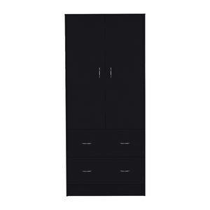 English Elm 71" Modern Black Armoire with 2 Doors, 2 Drawers & Hanging Rod — Durable MDP, Easy Assembly, Compact B097S00073