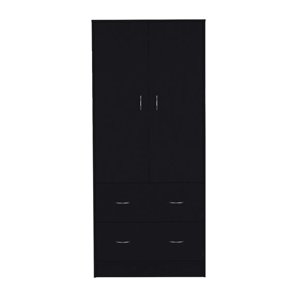 English Elm 71" Modern Black Armoire with 2 Doors, 2 Drawers & Hanging Rod — Durable MDP, Easy Assembly, Compact B097S00073