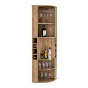 English Elm Oban Matte Black Corner Bar Cabinet with Bottle Cubbies and Open Stemware Shelves B200S00389