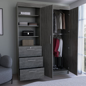 English Elm Kenya Smokey Oak 3-Drawer Armoire with Double Doors, 3-Tier Shelves, Hangers & Metal Handles B200S00377