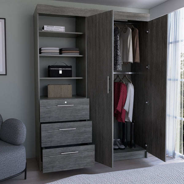 English Elm Kenya Smokey Oak 3-Drawer Armoire with Double Doors, 3-Tier Shelves, Hangers & Metal Handles B200S00377