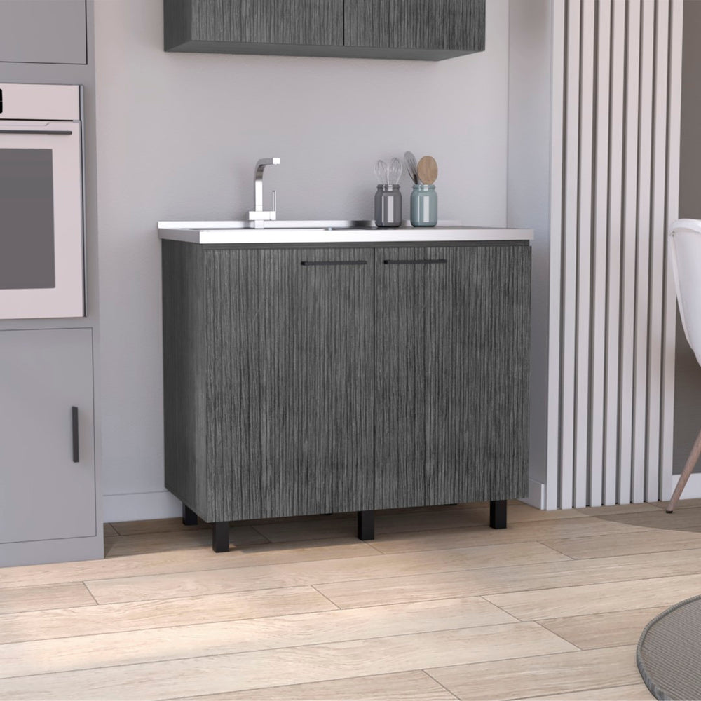 English Elm Napoles Utility Sink Cabinet Stainless Steel Top Smokey Oak Laundry Storage B200S00402