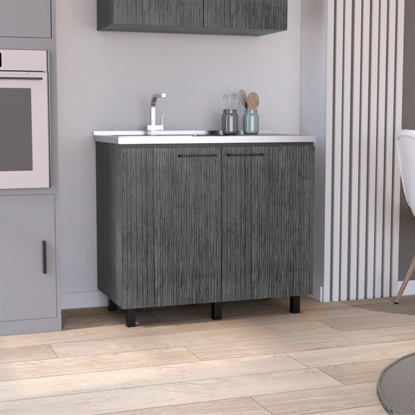 English Elm Napoles Utility Sink Cabinet Stainless Steel Top Smokey Oak Laundry Storage B200S00402