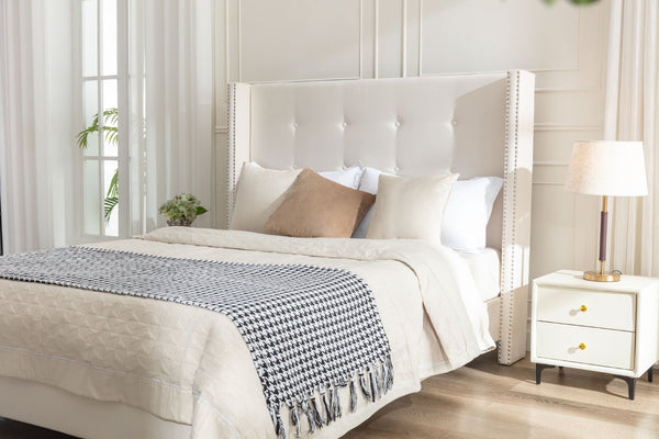 English Elm Peyton Upholstered Queen Bed - Elegant Ivory Velvet, 54" High Headboard, Wingback Design, Easy Setup B083P152026-GIGA