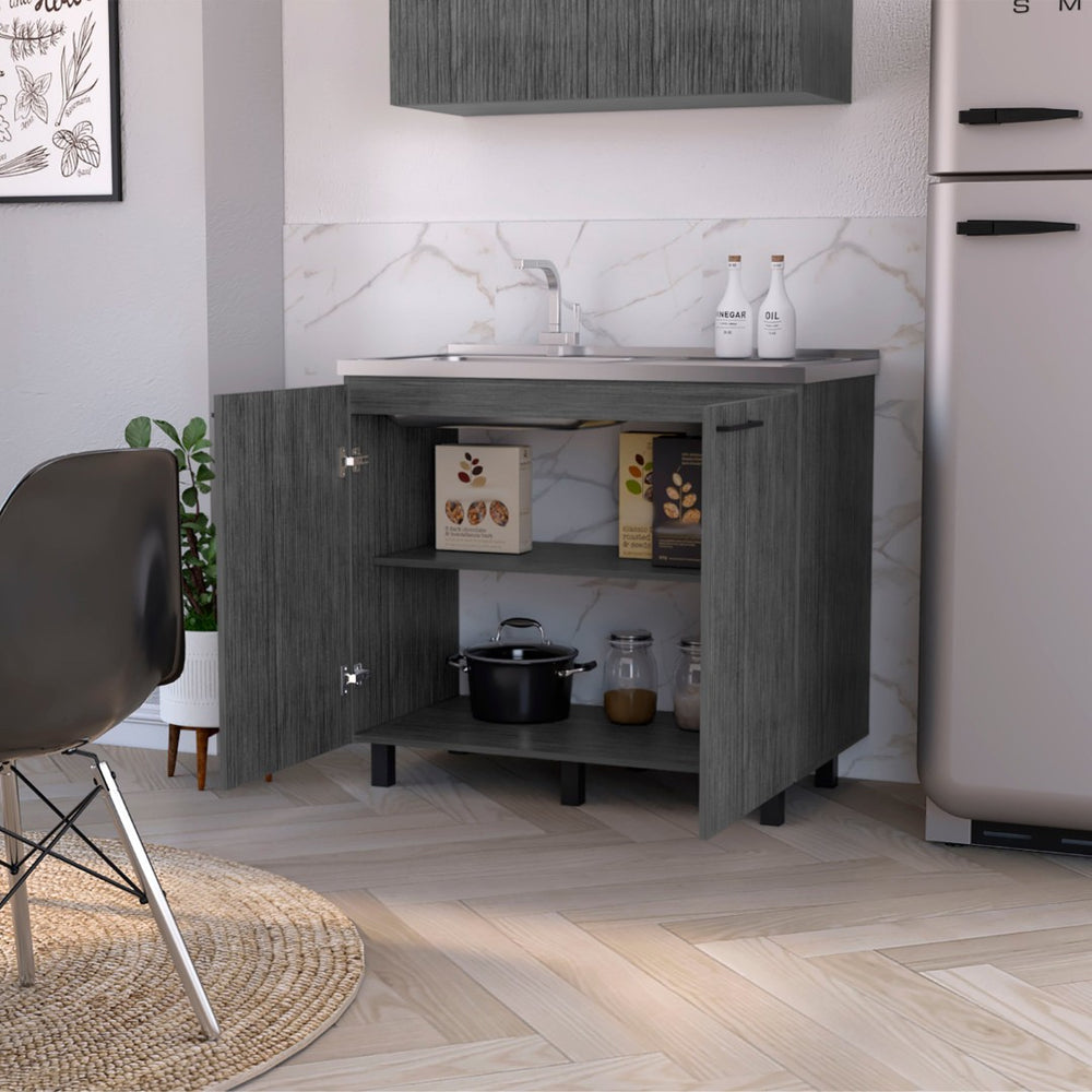 English Elm Smokey Oak Utility Sink Cabinet with Aluminum Countertop for Mudroom or Laundry Room B062S00392